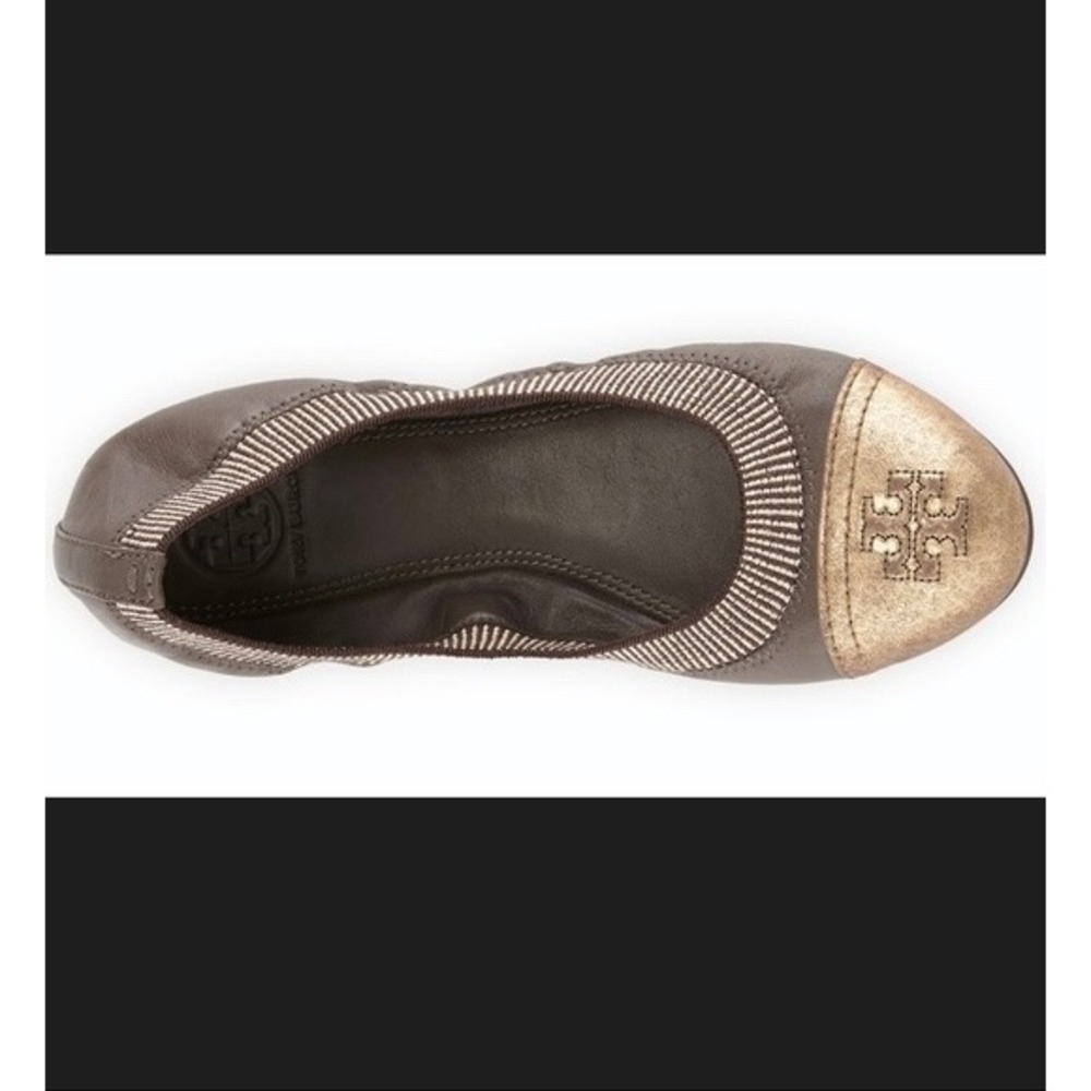 Tory Burch Sz 8.5 Gabby Ballet Flats Gun Metal Leather Gold‎ Cap Toe Logo Shoes